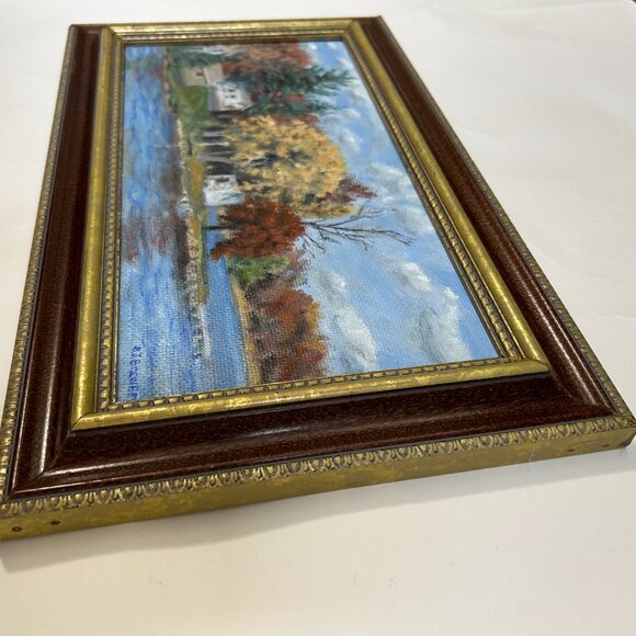 Vintage Framed Landscape Oil Painting Autumn Lake Scene Country Houses Singed - Picture 7 of 13